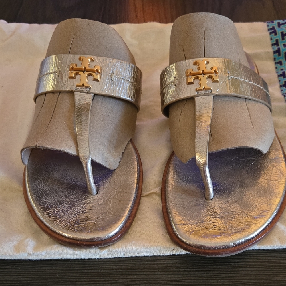 Tory Burch Metallic Gold Sandals With Dust Bag.